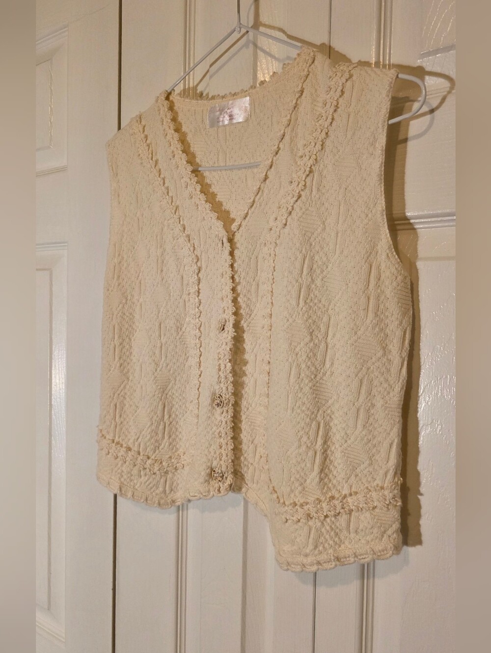 Cream Textured 100% Cotton Knit Button-Front Vest Medium